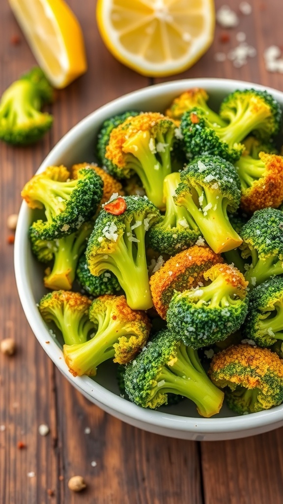Crispy air fryer broccoli garnished with Parmesan cheese on a wooden table with lemon wedges.